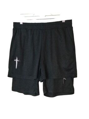 Faith Womens L 2N1 Athletic Shorts Black Pockets Elastic Cross Graphic NOTW